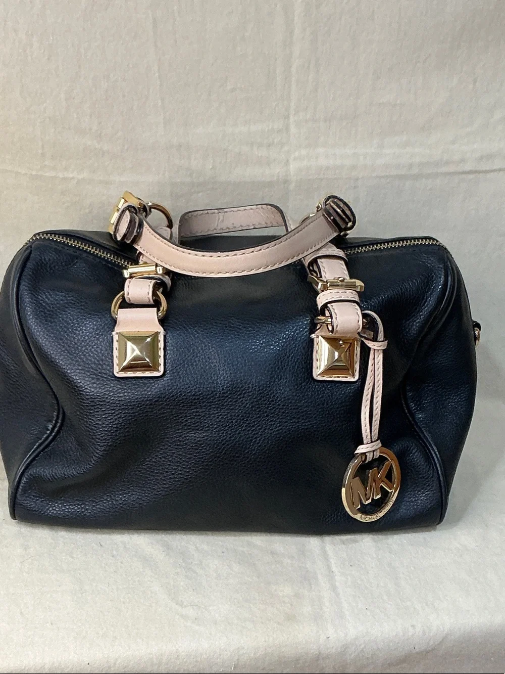 Michael Kors Black Leather Satchel with Blush Trim and Gold Hardware